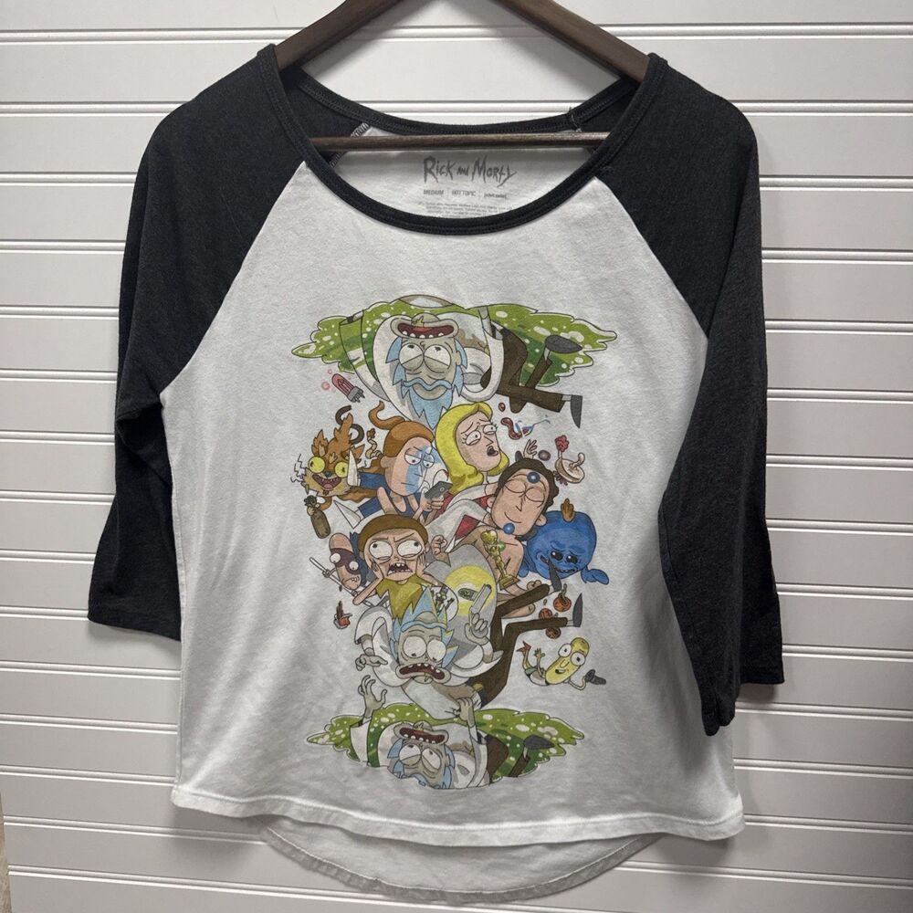Hot Topic Rick and Morty Graphic 3/4 Sleeve Raglan Shirt Womens M Gray White